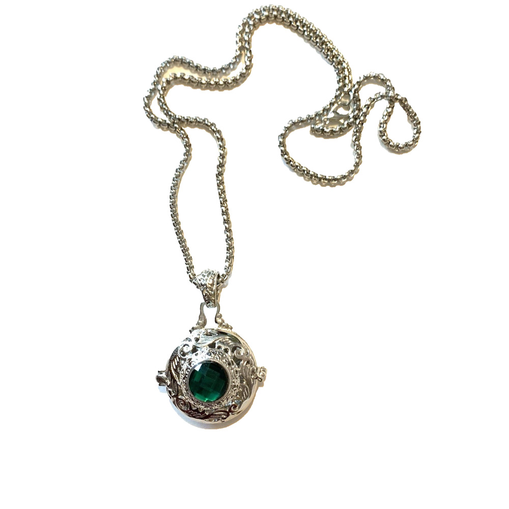 Vtg Poison Pill Locket Necklace Green Rhinestone & Silver Tone Filigree Pendant